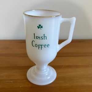 Vintage Irish Coffee Milk Glass Pedestal Mug w Shamrock, St Patrick's Day
